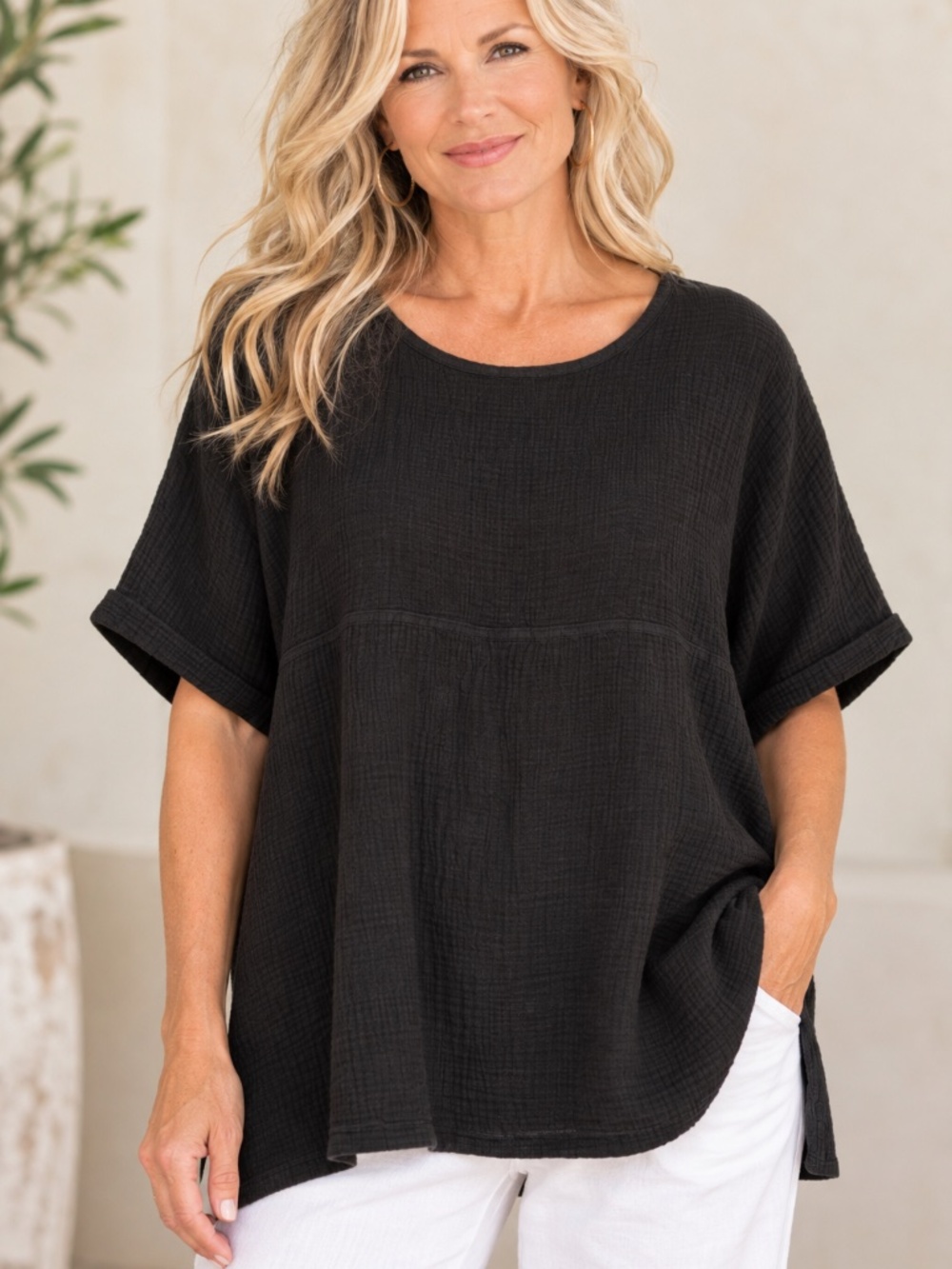 Black Textured Cotton Gauze Oversized Tunic Top Short Sleeve Lagenlook